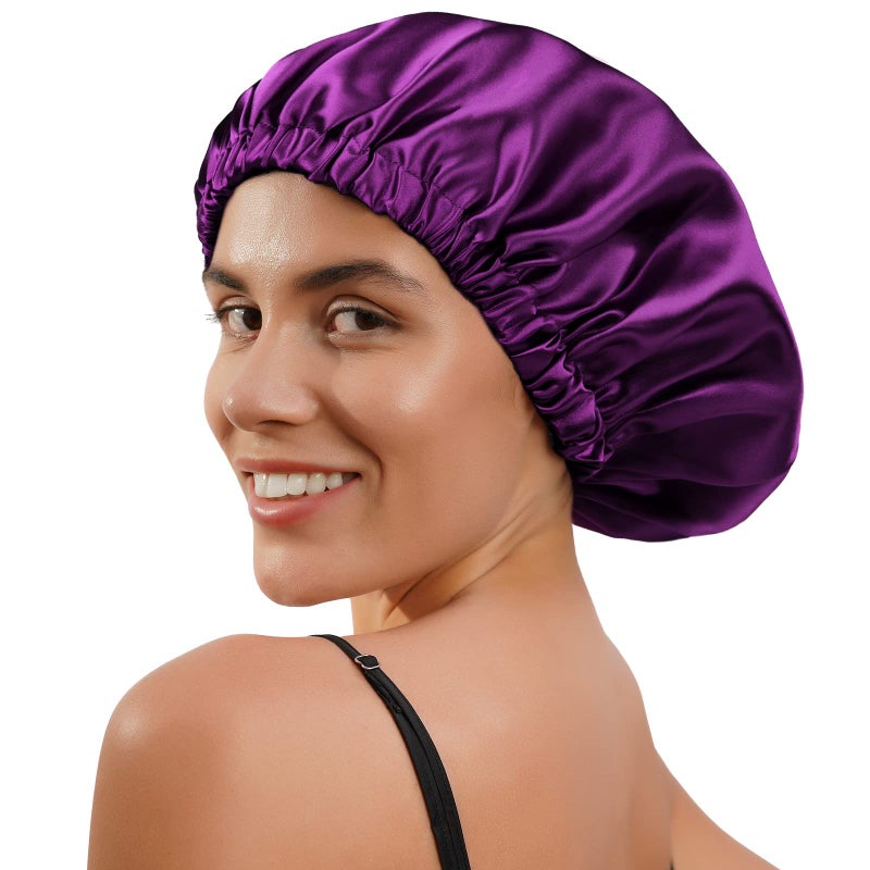 YANIBEST Silk Bonnet Satin Bonnet for Sleeping Women Men, Adjustable Double Layer Hair Bonnet for Curly Braids Reduce Frizz Bright Purple - Image 4